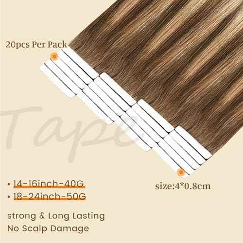 DNE Tape in Hair Extensions Real Human Hair 18 inches 20Pcs/50g/Pack Seamless Dark Brown to Chestnut Brown#T4-P4/27 Straight Invisible Double Sided Tape in Hair Extensions for Women/Girls