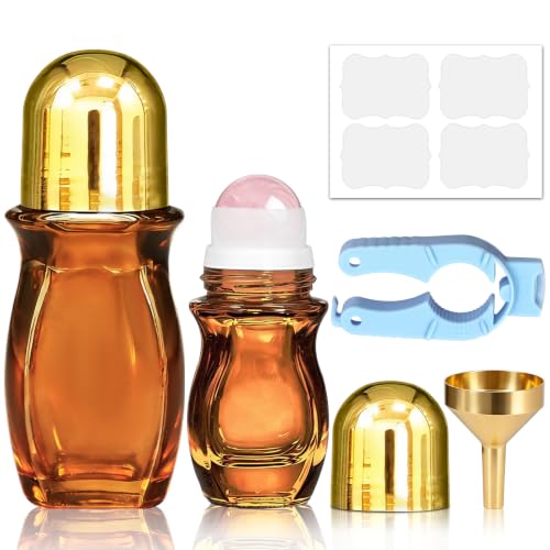 50ml Rose Quartz Amber Glass Roller Bottle Set - Empty Leakproof 2 Pack with Funnel & Opener