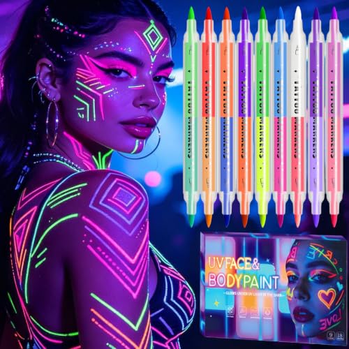 UV Neon Glow Face Paint Markers - 9 Dual-Ended, 18 Colors