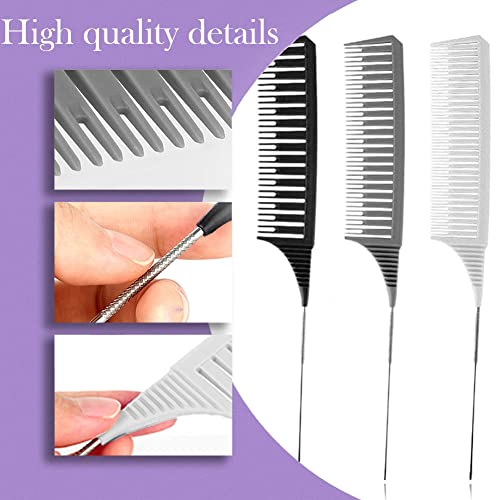 SKYPIA 3 Piece Professional Dyeing Hair Comb Set - Highlight Combs with Long Stainless Steel Rat Tail for Weaving and Styling (Black)