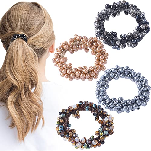 OIIKI Rhinestone Hair Ties Pearl Ponytail Holders Elastic Hair Scrunchies 4pcs, Beaded Stretchy Hair Ropes Bands Hair Accessories for Women Girls Black Grey Champagne