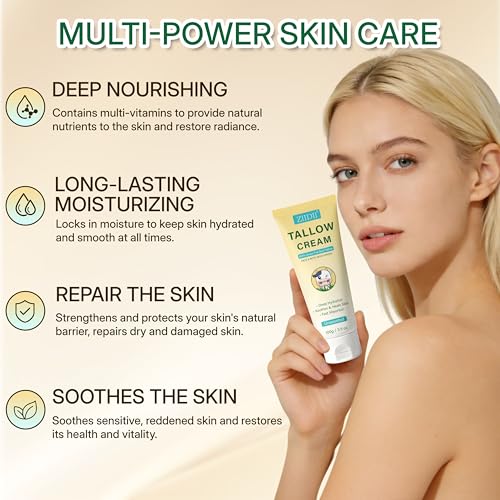 Beef Tallow for Skin, Whipped Grass Fed Beef Tallow Moisturizer, Organic Tallow Face Moisturizer Body Balm Cream, Natural Unscented Deep Nourishment for Dry Skin, 3.5oz
