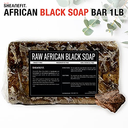 Sheanefit Raw African Black Soap Bar - For All Skin Types - Face, Body, Hair Soap Bulk Bars (1 Pound)