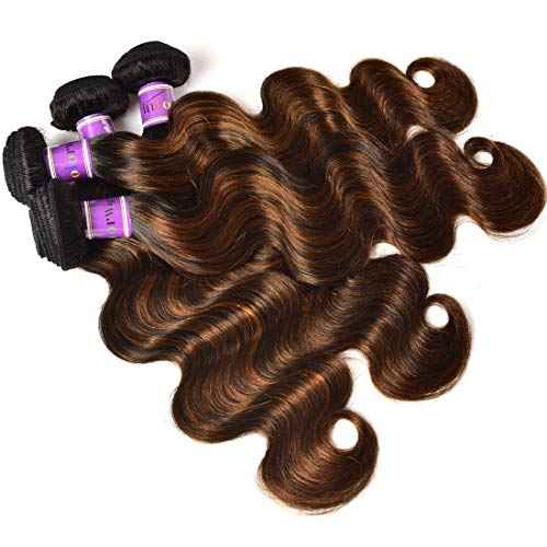 UNice Ombre Brown Highlight Body Wave Human Hair Weave 1 bundle 16 inch, Brazilian Remy Hair Dark Root Blonde Human Hair Weaves Extension Piano Color TFB30