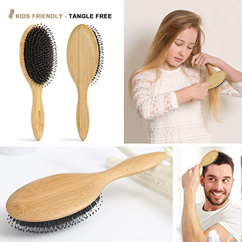 Boar Bristle Hair Brush with Bamboo Paddle & Massage Cushion