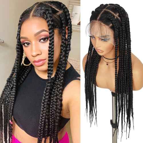 Fancy Hair 360 Full Lace Jumbo Braided Wigs for Black Women Glueless Long Knotless Box Braided Wig for African American Women (Natural Black)