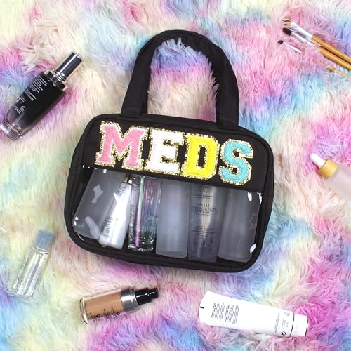 Chenille Letter Clear Medicine Makeup Bag for Travel, Preppy Patch Nylon Cosmetic Meds Pouch with Handles and Zipper, Waterproof Large Travel Toiletry Bag Storage Case for Women Black