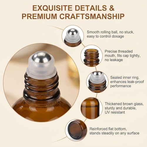 3PCS 15ml Amber Glass Roller Bottles with Stainless Steel Balls