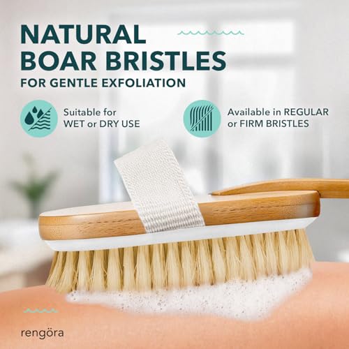 Back Scrubber for Shower - 20" Long Handle Shower Brush - Natural Bristle Back Brush - Ergonomic Handle + Silicone Anti-Slip Grip - Great Gift Idea - Men, Women + Seniors Love This (Regular Bristles)