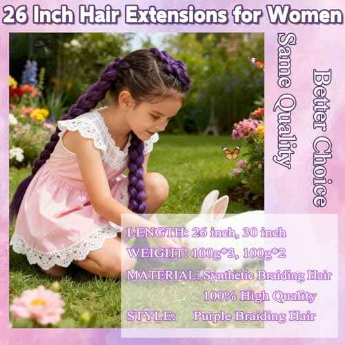 Purple Braiding Hair 26 Inch Pre Stretched Synthetic Braiding Hair for Braids, Rumi Hair 3 Packs Purple Hair Extensions for Braids DIY Ponytail Cosplay Halloween Costumes (26 Inch 3 Packs)