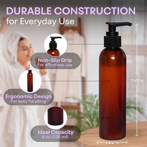 8 OZ Amber Lotion Pump Bottles, BPA-Free Refillable (3-Pack)