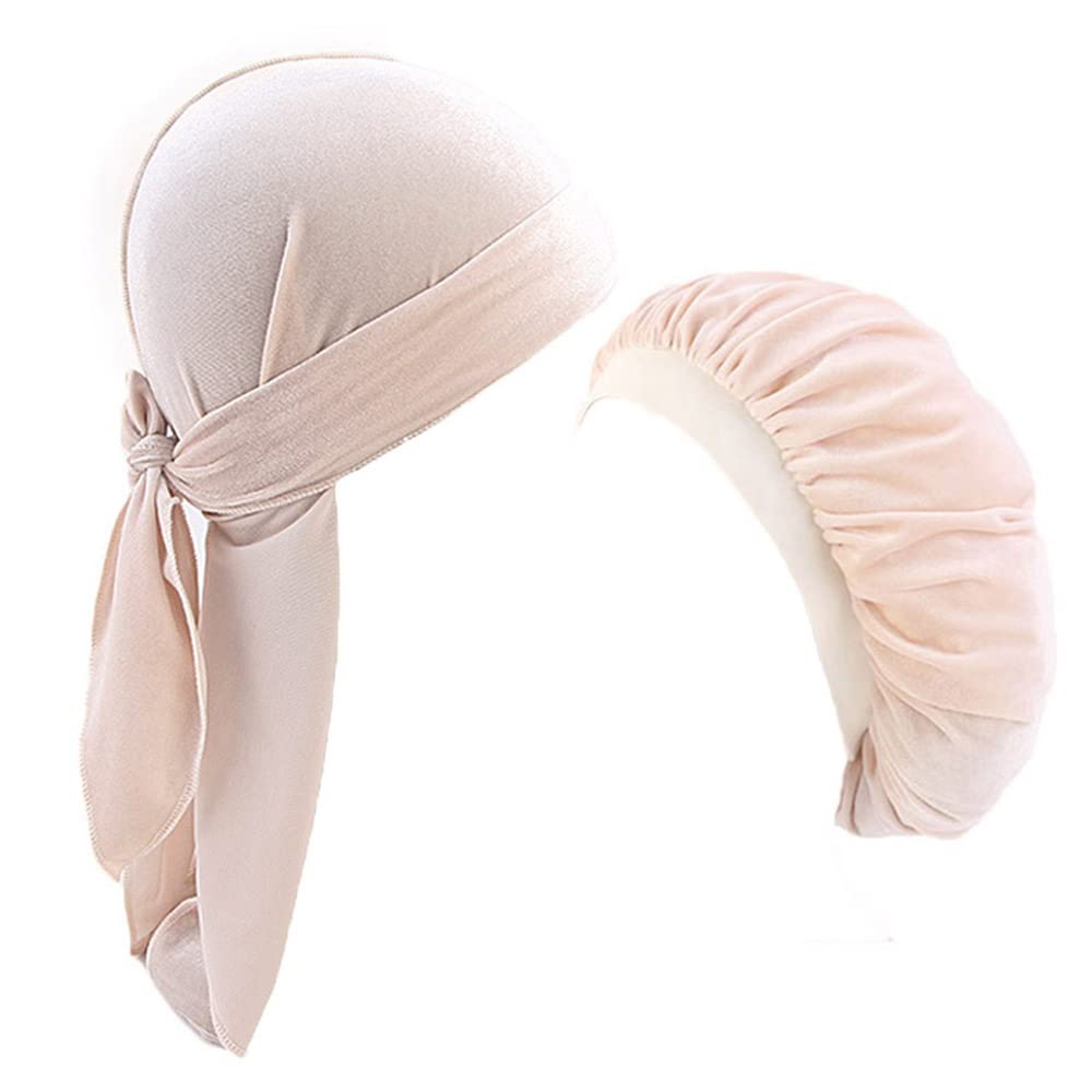 Velvet Durag and Bonnet 2pcs Set Breathable Couple Men Durags Women Bonnets (Beige)