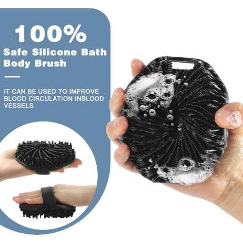 Silicone Body Scrubber, 2 PCS Exfoliating Body Scrubber, Silicone Loofah Bath Brush with Hand Strap, No-Slip Handheld Body Wash Brush Body Scrubbers Shower Cleaning for All Skin Types (Black & Grey)