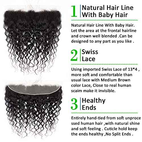 Kapelli Hair 13x4 Lace Frontal Closure Water Wave Regular HD Lace, 200% Density, 100% Brazilian Virgin Human Hair Ear to Ear HD Lace Frontal Pre Plucked with Baby Hair Natural Black Color 18 Inch