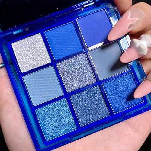 9-Color Glitter Matte Blue Eyeshadow Palette, Silver Grey, Light Blue, Highly Pigmented Waterproof Corpse Bride Makeup for Blue Eyes