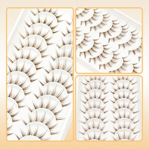 10 Pairs Brown False Lashes with Clear Band - Wispy Natural Look