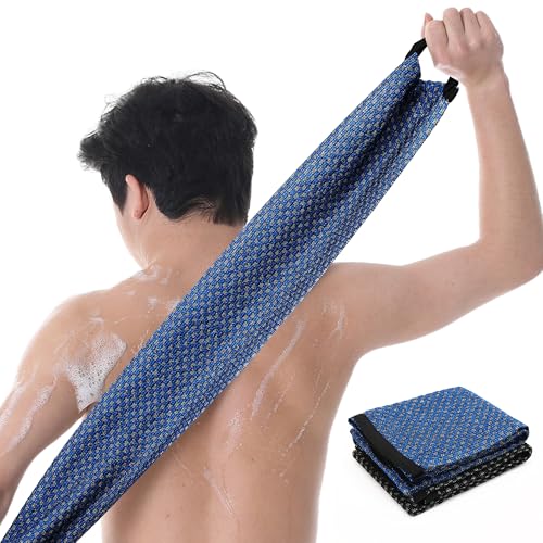 Japanese Exfoliating Loofah Back Scrubber - Shower Bath Towel for Men & Women (2 Pack Blue, 33.4" x 11.8")