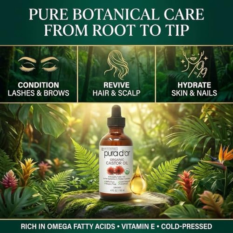 PURA D'OR Organic Castor Oil 4oz - Eyelash & Eyebrow Serum + 2 Brushes