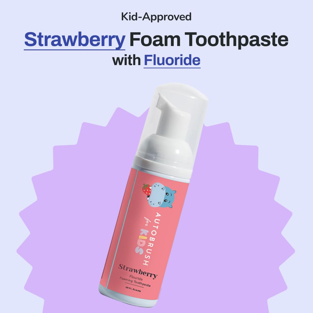 autobrush Kids Fluoride Foaming Toothpaste Strawberry Flavor for Electric or U-Shaped Toothbrush, SLS-Free, Training Toothpaste, Anti-Cavity, Travel Friendly (3 Pack)