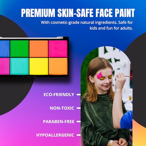 Professional Face Painting Kit - Skin Friendly Face Paint Kit - Cruelty-Free & Vegan Water Based Face Paint Makeup for Theatre, SFX and Halloween- 8 Colors 5g Each - Splashes & Spills (Neon Colors)
