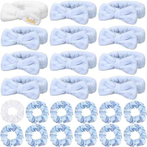 24 Pcs Bachelorette Party Favors Include 12 Bride Bridesmaid Spa Headband 12 Bridesmaid Gifts Scrunchies for Women Sleepover Spa Bachelorette Party Accessories Supplies(White,Blue)