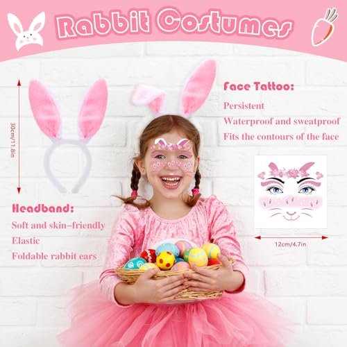Konsait Bunny Ears Headband with Bunny Face Stickers Tattoos, Easter Bunny Ear Headband Rabbit Temporary Makeup Face Tattoos Rabbit Costume Accessories for Women Girls