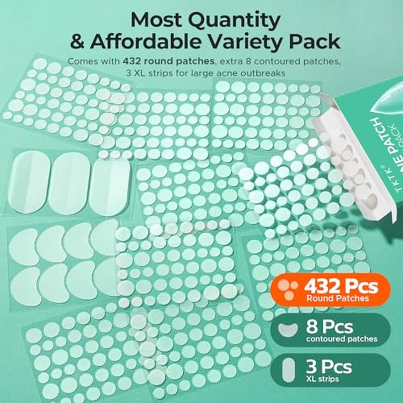 TKTK 443 Count Pimple Patches for Face, Hydrocolloid Acne Patch Bulk, Acne Stickers for Covering Cheeks, Forehead, Chin Blemishes Zit Breakouts for All Skin Types (Dots, Strip, Contoured 5 Sizes)