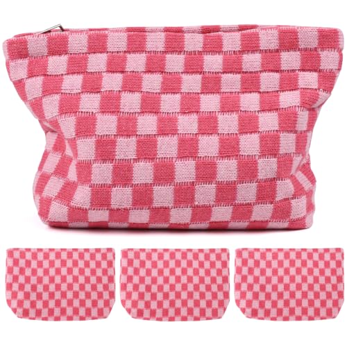 Marsrut 4-Piece Pink Checkered Makeup Bags Set | Large Capacity Cosmetic Organizer