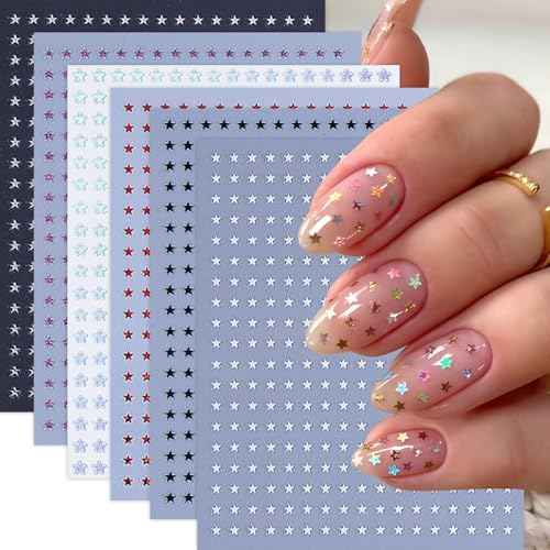 6 Sheets Star Nail Stickers 3D Self-Adhesive Glitters Starlight Nail Art Stickers Shiny Stars Glitters Nail Decals Black White Red Purple Laser Silver Stars Gold Nails Design Nail Supplies for Women