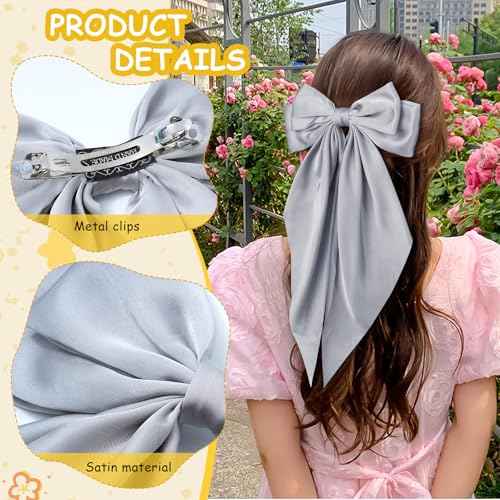 4 Pcs Hair Bows for Women Big Ribbon Bows for Hair Long Tail Bow Hair Clips Cute Hair Barrettes Hair Accessories for Girls (Blue + White + Gray + Black)