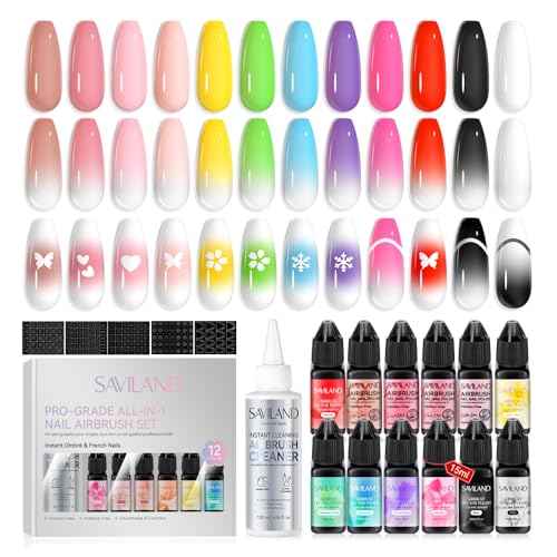 SAVILAND Advanced All-in-1 Airbrush Gel Nail Polish Kit: Dilution-Free Airbrush Paint for Nails Non-Acetone 12 Colors Airbrush Gel Polish with Airbrush Cleaner Stencils French Ombre Blush Nail Art