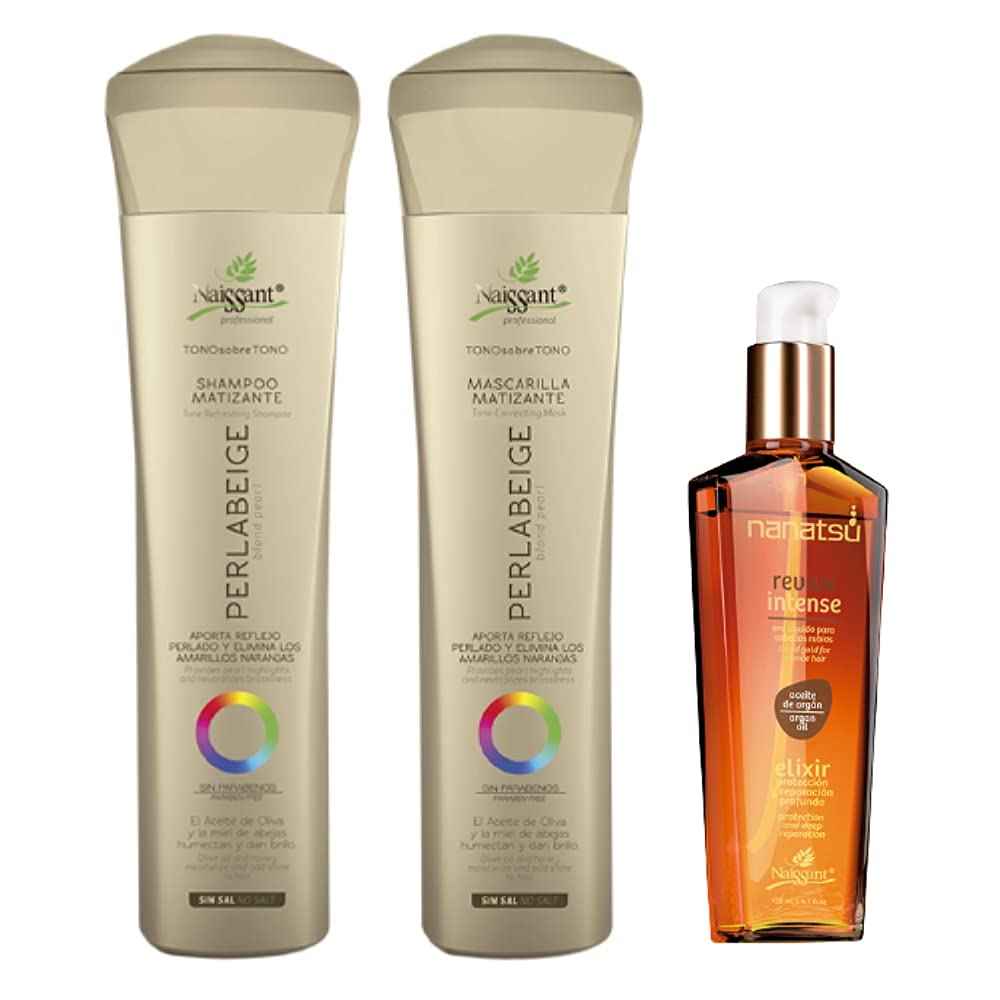 Naissant Set No Yellow Shampoo, Treatment Mask and Argan Oil. Color Care,Hair Intensifier and Damage Repair. Without Salt and Parabens for Blonde Hair (Perla Beige)