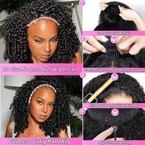 24 Inch Burmese Curly Half Wig 200 Density Seamless Flip Over Wig Glueless Human Hair Curly 3 In 1 Half Wigs Wear and Go Drawstring Headband Wig for Women Beginner Friendly