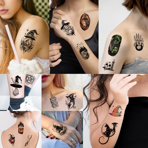 77 Sheets Witch Temporary Tattoos, Halloween Makeup Kit, Scary Half Arm Fake Tattoo Stickers for Adult Women Boy Girl