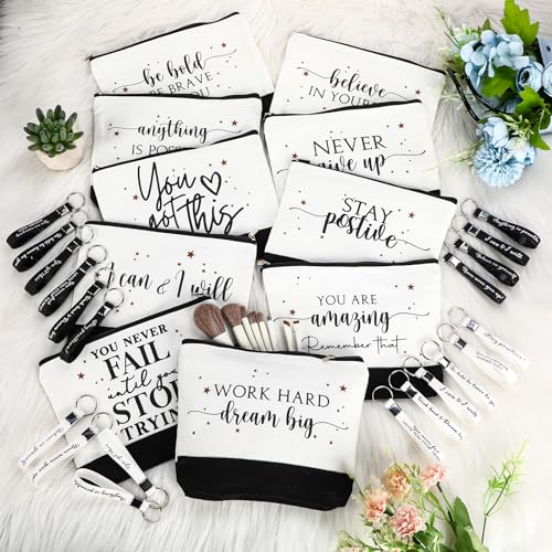 Sanwuta 80 Pcs Motivational Employee Appreciation Gifts with Postive Canvas Makeup Bags and Silicone Keychains Graduation Gift for Women Nurses Teacher Students Coworker Office Group