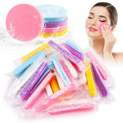 HOFASON 100 Pieces Compressed Facial Sponge for Esthetician Supplies Individually Wrapped Makeup Removal Sponge Pads, Exfoliating Face Wash Sponge Disposable for Women Cleansing Spa Beauty Supplies