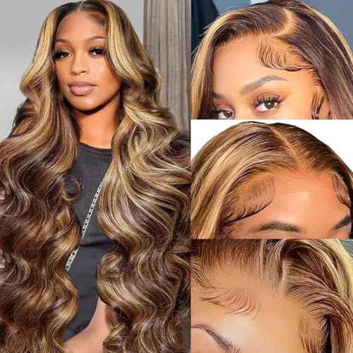 Honey Blonde Ombre Lace Front Wig Human Hair Body Wave Highlights 13X4 HD Lace Front Wigs Pre Plucked 180% Density Glueless 4/27 Highlighted Human Hair Wig 20 Inch