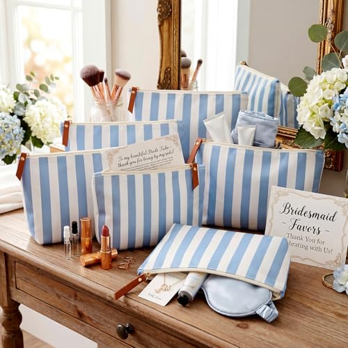 24 Pcs Blue Striped Makeup Bags - Durable Canvas Travel Organizers