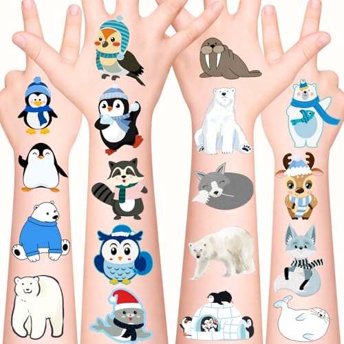96 Arctic Animal Temporary Tattoos for Kids - Polar Bear, Penguin Designs