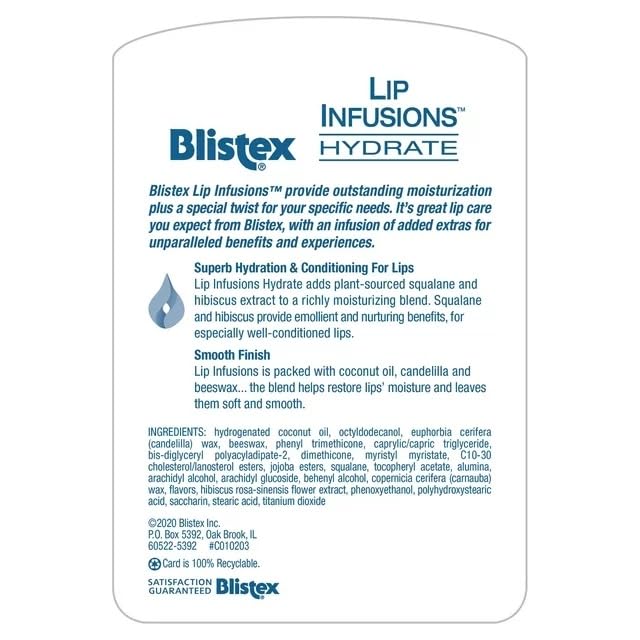 Blistex, Lip Infusions, Hydrate Lip Moisturizer 0.13 Oz (Pack of 2)