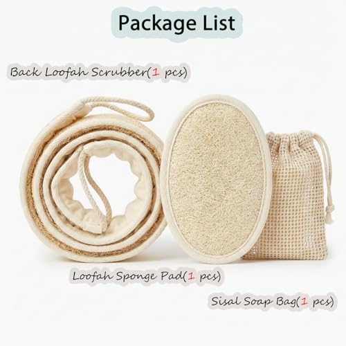Natural Loofah Back Scrubber for Shower, Back Loofah for Women and Men, Exfoliating Loofah Sponge with Soap Bag, 3-pcs