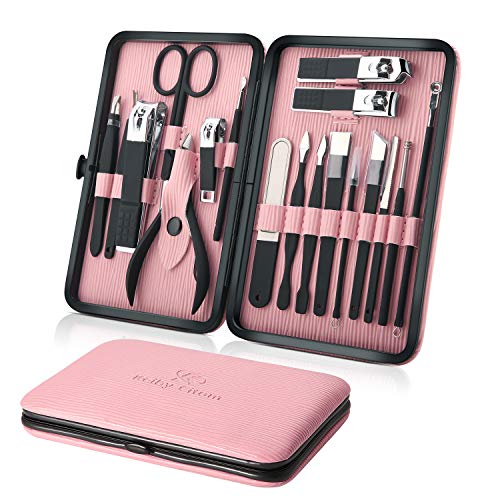 Keiby Citom 18-Piece Manicure Pedicure Set - Stainless Steel Grooming Kit with Pink Case