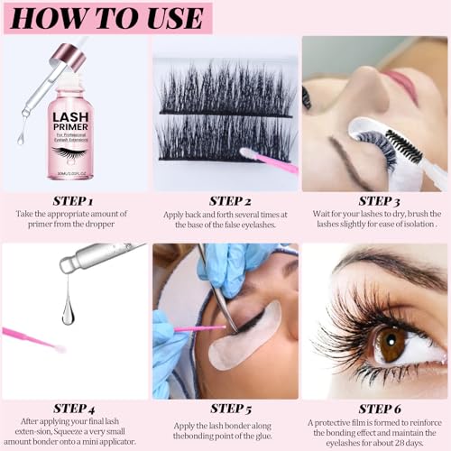 Lash Glue Primer Super Lash Bonder for Eyelash Extensions Kit Instant Cure Adhesive Companion Lash Glue Remover 6IN1 Professional Use Only Lash Extension Supplies with Tweezers Applicator