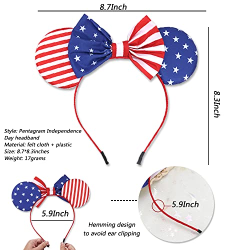 BELSITA 4th of July Headband Mouse Ear Bow Hair Bands Independence Day Headwear Star Stripe Flag Hair Hoop Princess Head Boppers Fourth of July Hair Supplies for Parade Party Decorations 1Pcs