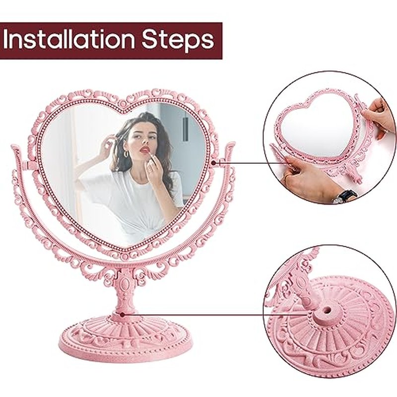 DEAYOU 4 Pack Heart Shaped Cosmetic Mirror, Vintage Vanity Tabletop Mirror with Double Sided, Rotatable Dresser Mirrors with Stand for Makeup, Girl, Women, Beauty, Spa Party, 4 Color