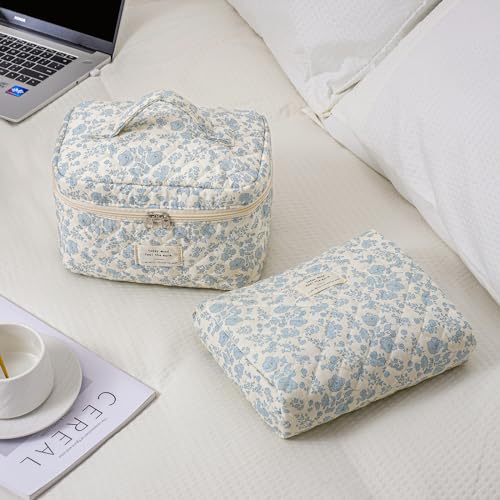 uekeboag Large Travel Quilted Makeup Bag for Women, Floral Cotton Cosmetic Bag, Coquette Aesthetic Floral Toiletry Organizer Bag