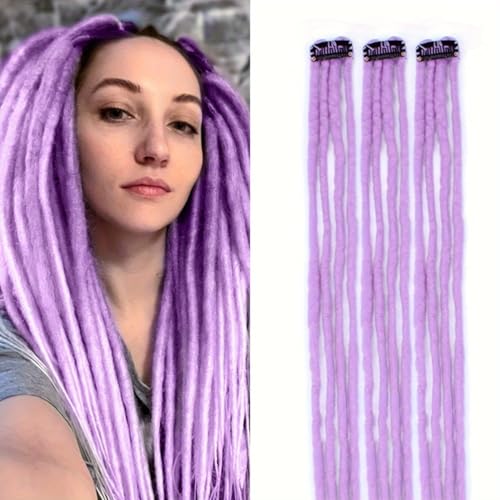 Pouweney 22 inch 5 Packs Clip in Wool Dreadlock Extensions, 20 Strands Lavender Purple Viking Clip on Dreads Extensions for Woman, Handmade Soft Wool Dreadlocks…