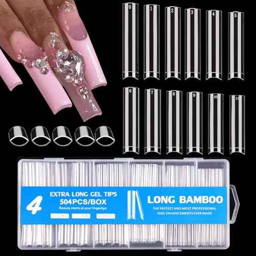 504 Pcs No C Curve Square Nail Tips, XXXL Half Cover Clear Nails Tips for Acrylic Nails, 3XL Straight Tapered Square Flattened Fake Nail Tips for Nail Salons and DIY 12 Sizes