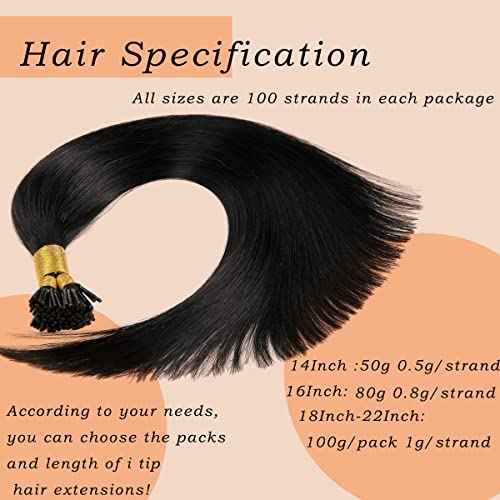 Jiameisi I Tip Hair Extensions Real Human Hair, 16inch 80g I-Tip Hair Extensions for Women Cold Fusion Extensions Itip Straight Remy Human Hair 0.8G/S #1 Dark Black