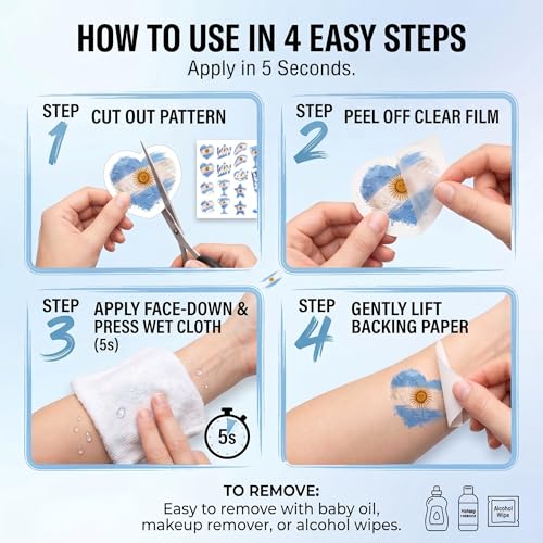 Argentina Flag Temporary Tattoos, 4 Sheets Waterproof Body Art